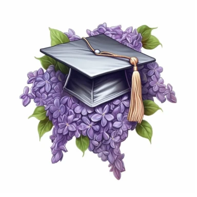 cartoon clipart drawing graduation cap with lilac flowers, clear outline, ultra realistic, white background, very detailed, Cartoon,hyper realistic, intricate detail, illustration style,high solution,on the white background