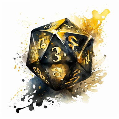 black and gold twenty sided dice fantasy clipart watercolor white background no caption