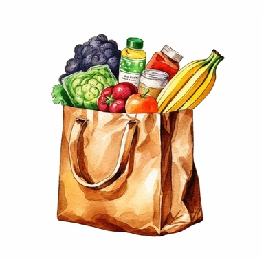 watercolor detailed illustration of Grocery bag with a variety of groceries peeking out, clipart, white background
