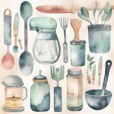 Create a watercolor clipart set of kitchen utensils and tools, including knives, spatulas, ladles, and measuring cups. Use pastel colors and subtle shading to give the images a soft, elegant look, white background