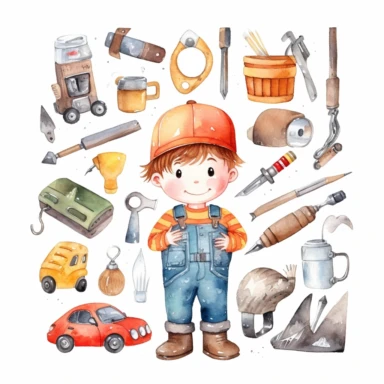 cute kawaii car mechanic, repairman tools, watercolor white background clipart set single elements with margin car mechanic, repairman tools