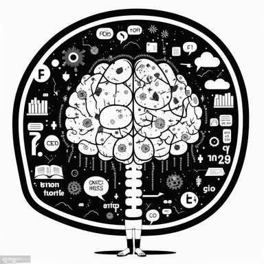 clipart of a brain full of math formulas. Beautiful, flat, cute manga style, black and white, round image borders