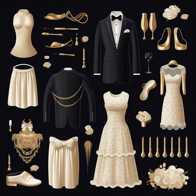 Create a set of 30 elegant shiny, blingy golden and soft, creamy white wedding-themed icons on a deep black background, perfect for digital clipart products and invitations. Include icons such as: Wedding Dress, Tuxedo, Wedding Rings, Bridal Veil, Floral Arrangements, Wedding Cake, Wedding Favors, Wedding Arch, Seating Chart, Wedding Program, Unity Candles, Champagne Glasses, Photo Booth, Props, Wedding Signage, Place Cards, Table Numbers, Bridal Bouquet, Groom's Boutonniere, Wedding Invitation,
