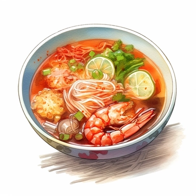 watercolor, hyper realistic, white background, white margins, 16k, ultra detailed clipart, cut out image, hand-drawn a bowl of bún riêu cua, a Vietnamese hearty crab and tomato-based soup with vermicelli noodles, tofu, and various herbs. in the style of anime art, frostpunk, photo-realistic drawings, villagecore, lively and energetic, high quality, anime