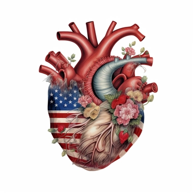 realistic illustration, real heart clipart, with floral decoration, with colors of the united states flag, july 24th, high definition embedded details, white background,