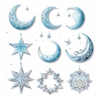 beautiful moon symbols in white, pale blue and silver, white background, vector-style, clipart collection