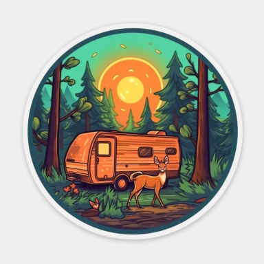 Sticker logo, featuring trees, lush foliage, and woodland creatures like deer or squirrels, capturing the essence of camping in nature, on transparent background free clipart, in the style of digital painting and drawing, 2d game art, scoutcore, anime-influenced, cabincore, high resolution, light sky-blue and dark maroon