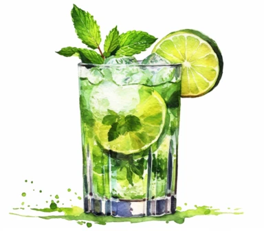 Watercolor clipart of summer drink, Mojito: This popular cocktail combines rum, lime juice, fresh mint leaves, sugar, and soda water. It's a delightful and refreshing drink, perfect for hot summer days, intricate details, vector, hyperrealistic, white background, no splashes, no text, no watermark