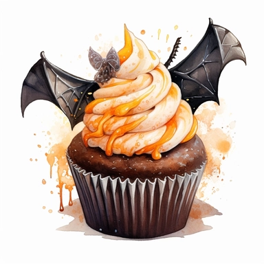 delicious black halloween cupcake with orange swirly icing and a bat, spider, spooky, watercolour illustration clipart, extremely detailed, 4k, high quality, isolated on white background watercolour
