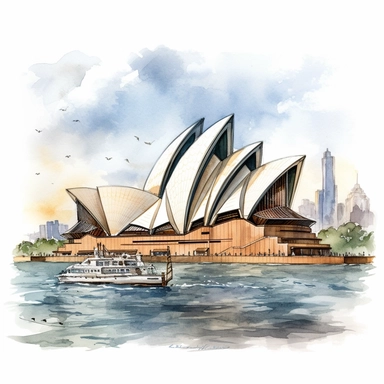 A clipart of the Sydney Opera House with the harbor in the background, crafted in watercolor style, all on a white background.
