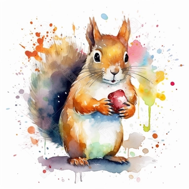 Design a clipart of a cute cartoon squirrel munching on a nut, with its cheeks bulging. The squirrel should have vibrant and cheerful colors, capturing its lively nature. The watercolor washes and splatters can add a dynamic and whimsical touch to the illustration. Against a white background, the squirrel will become the focal point, making it suitable for a variety of creative projects.