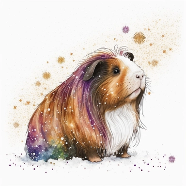 happy long haired guinea pig at Christmas time, cartoon, glitter, stars, snowflakes, watercolor, white background, clipart