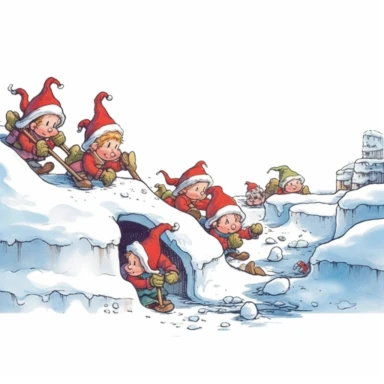 Santa's elves playing in a snowbank as a partial page border, clipart with a white background, clearly defined separate image, high quality--ar3:4-no mockups, watermarks, numbers, writing, letters--q2--v5.1--s1000