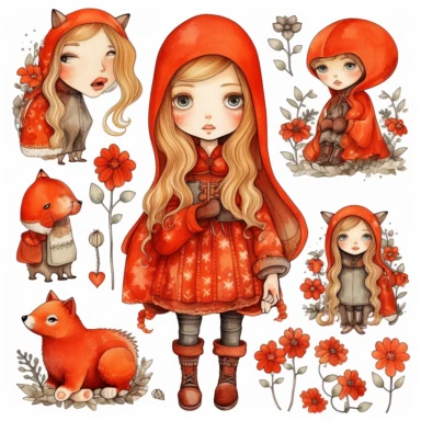red riding hood clipart, vector art, clip art, clipart, in the style of claudia tremblay, birds& flowers, kawaii manga, realistic watercolors, dark white and light orange, eleanor fortescue - brickdale, isolated figures