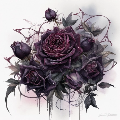 Idyllic watercolor and ink clipart of dark gothic dark moody dark moody burgundy, black and purple rose flowers with poison thorns on an ornate gothic black dagger covered in gothic spider webs with a black velvet bow underneath, isolated on a white background, dark moody colors, highly detailed, ultra-realistic