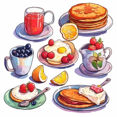 Collection of clipart drawings, breakfast, bold colours, white background
