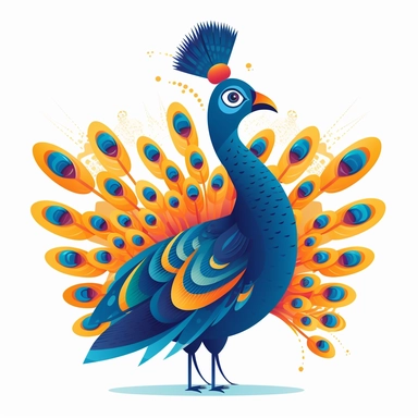 a simple vector illustration of a cute and funny peacock clipart in blue, indigo and orange colors, vector UHD, 8k