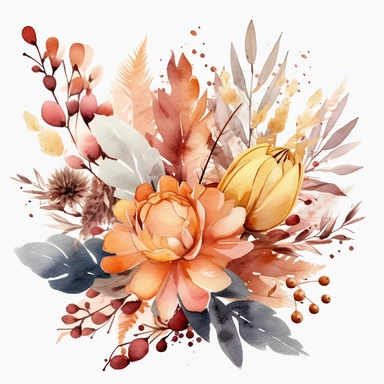 Watercolour, pastel, autumn, boho, bokeh, floral bunch, leaf, bloomcore, clipart
