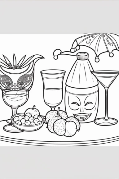 an outlined table setup for a Mardi Gras party with cute masks, beads, hats, and drinks, Coloring Book, white background, black and white, [clip art]