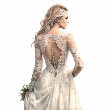 watercolor, hyper realistic, white background, white margins, 16k, ultra detailed clipart, cut out image, hand-drawn back view of a bride in a vintage-inspired gown with intricate buttons, lace trims, and a timeless silhouette, exuding old-world charm.