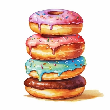 a beautiful detailed watercolor artwork of delicious stack of Glazed donuts, food art, clipart, clear border, hd, on white background,