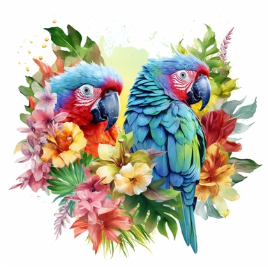 parrots with tropical gardens, watercolor sublimation design, Sublimation Clipart, hyper realistic, intricate detail, illustration style, isolated on white background for removing background, hyper- detailed, beautifully color-coded, beautifully color gra