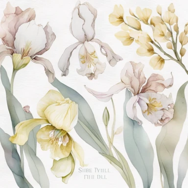 watercolor floral CLIPART, WHITE IRIS+YELLOW NARCISSUS+BABY PINK BLOSSOM CLIPART, pastel pale COLORS, clipart, no background, blank space for writing, CLEAN OUTLINE, delicate and elegant, dreamy airy color, classic style, airy watery colors, with elements of GREEN LEAVES and bluberries, hd, best quality, 8k,