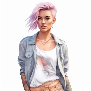 watercolor style, a beautiful girl with clearly visible tattoos, type of a creative person: graphic designer, freelancer, fashion designer, content manager or similar. Expressing freedom and self confidence. Modern and bold look. Realistic colors. Realistic picture. Fashionable bold clothes. Clipart, isolated on white background, 4K