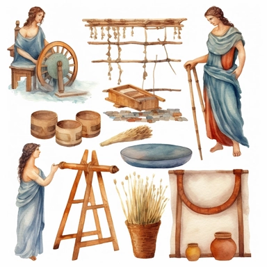 Watercolor well roman people weaving cloth , illustrations clipart set, simple, , cartoon elements, different variants , , marble elements, separate elements with a margin
