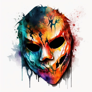 scary halloween mask watercolour tempera clipart illustration, vivid dark colours, clean, crisp, smooth, white background