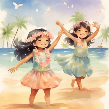 watercolour, beautiful soft colours, tropical island setting, showcase an adorable little Hawaiian girl doing the hula on the beach with her family, she feeling is happy, celebration, they are all wearing flowers in their hair, beautiful clipart style