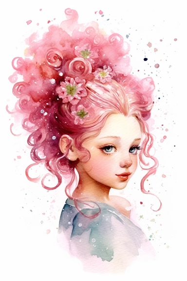 a cute cartoon pretty little Girl with a high white and pink ligth colored bun and roses sparkling around her profile, long curly hair with mini flowers in head, portrait, daydreaming expression in watercolor form, sarah kay and holly hobbies, clipart, watercolor, smiling, on a white background, daydreaming expression in watercolor form