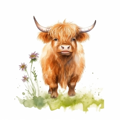 a sweet baby highland cow chews grass, sticks out tongue, drinks water, smiles, runs on grass clipart with watercolor illustration,full body shot,8k,etsy style, white background