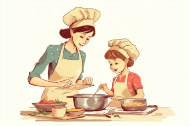 home cooked meal with a mom in clipart, hd, on white background, spaced out
