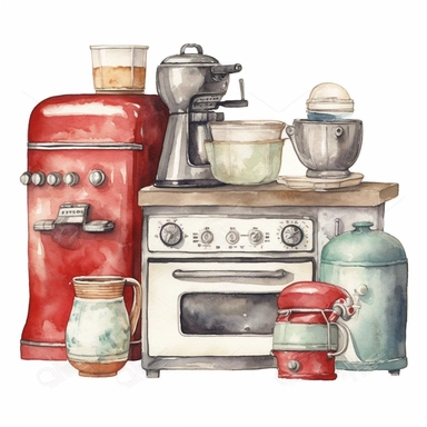 Infuse your designs with the whimsy of a retro kitchen with a watercolor clipart featuring vintage appliances and utensils, reminiscent of classic Americana. In HD on a white background.