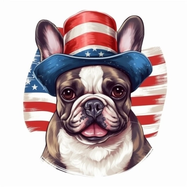 sticker, white background, funny french bulldog, open mouth, in style Independence Day in usa, hat with an american flag, clipart