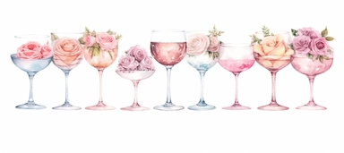 Isolated on a white background, in a feminine style that is populair on Etsy, ten juxtaposed, Wine and cocktail glasses lined up on the floor decorated with baby pink roses, for wedding, high resolution, highly detailed, watercolor clipart illustration, soft pastel color theme, baby pink, 8k UHD isolated image on white background, hyper - realistic high definition