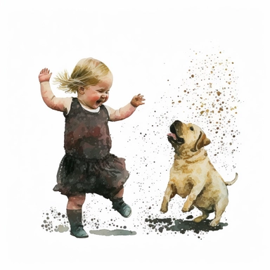 baby girl with dog dancing Watercolor Clipart, drip effect, clean white background, 16K Colors, clean white background