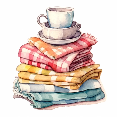 a cozy watercolor clipart image with a white background, showcasing a collection of patterned tea towels and dishcloths neatly folded and stacked.
