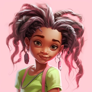 cute little american black girl, messy long pink modern hair, green eyes, face, portrait, different expressions, clipart, high resolution, sarah kay style,