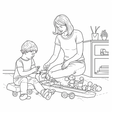 coloring page for kids of a mother and a child playing with toys, full body view, white neutral background, clean line art, low details , 1,5px thick black lines, simple clipart. simple