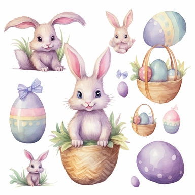 Watercolor easter eggs, illustrations clipart set, simple, soft colors, cartoon elements, different variants, easter elements, jumping bunnies, sitting bunnies ,rabbits, cute little girl, easter eggs in basket, separate elements with a margin