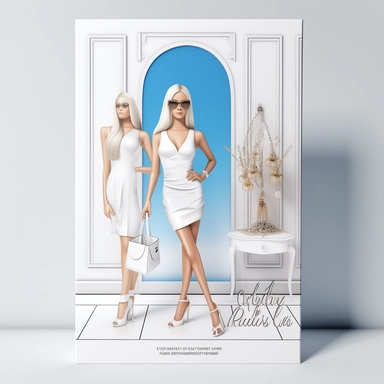 full view, clipart illustration, beautiful blonde lady posing dressed in white bodycon dress, standing in beautiful room with designer clothes on clothes rack and shopping bag, sharp focus, high detail, 8k, photo realistic, transparent background, (--iw 5)