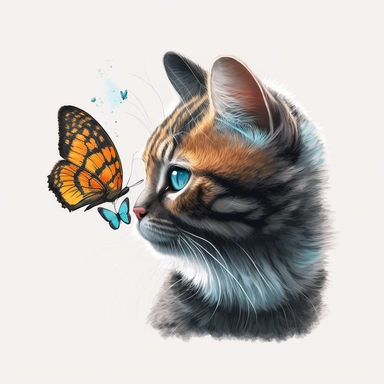 clipart style, cute cat gently touching its nose to a butterfly