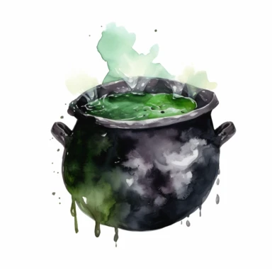 witch cauldron in black with green ooze, watercolor png clipart on a white background