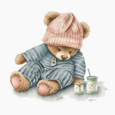 an ultra Cute little newborn baby teddy bear wearing pyjamas, dusky blush pink shabby chic traditional classic striped button up pyjamas a bedtime hat and slipper shoes, watercolour, cute,, bedtime, sleepy, dreamy, isolated on white background, Clipart