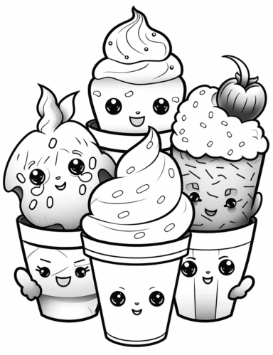 Kawaii Cake Icecream with delightful designs and flavors, like blueberry, chocolate chip, and banana For Simple Coloring page,line art, thick lines, black and white,clipart, illustration, on white background,margin Page 10px