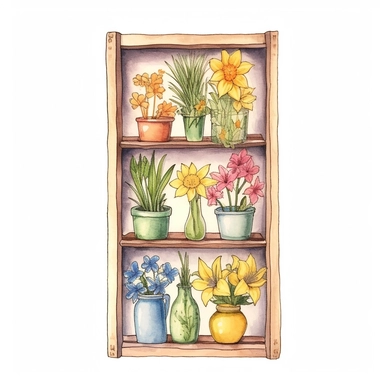 Craft an exquisite hand-drawn watercolor clip art image of a family gift niche adorned with birth flowers. Customize the image for a family of five: a March baby (Daffodil), a May baby (Lily of the Valley), a July baby (Larkspur), an October baby (Marigold), and a December baby (Poinsettia). Use soft pastel colors for the background, creating a gentle and serene atmosphere that complements the vibrant birth flowers. Pay attention to the fine details of each flower, capturing their unique charact