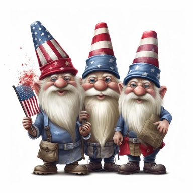 4 july gnomes photorealistic clipart,on white background with margins