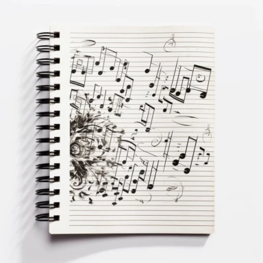 Notebook with sheet music clip art, white background